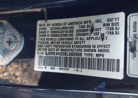 2011 Honda Cr-V Lx from USA, damaged, VIN 5J6RE4H32BL060906